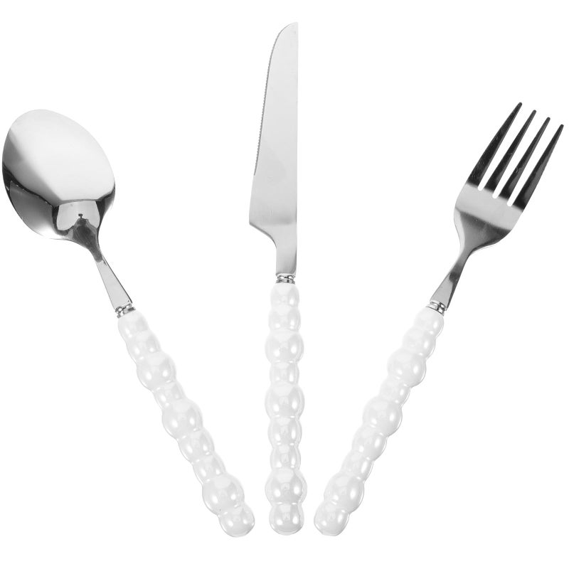 White Pearl Handle Stainless Steel Cutlery Set 3pcs Fork Spoon Dining Flatware - Image 2
