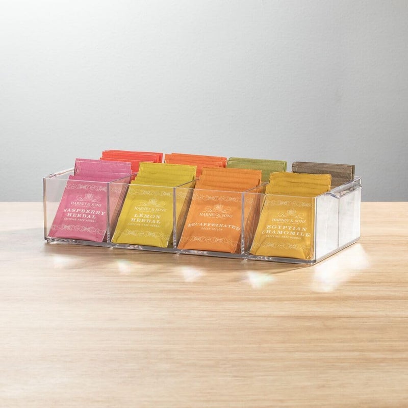 Plastic Condiment Organizer and Tea Bag Holder - 8-Compartment Kitchen Pantry/Countertop Storage Caddy - Divided Chip, Snack, Oatmeal Packet Holder - Lumiere Collection - 2 Pack, Clear