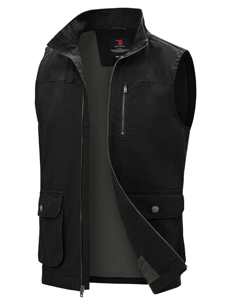 TBMPOY Mens Lightweight Vest Cotton Stylish Sleeveless Travel Casual Work Canvas Outerwear Utility Jacket Fishing Hiking Black L - Image 2