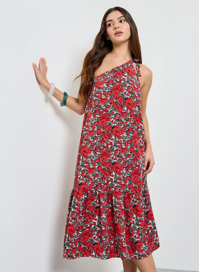 تايك تو Red Floral One Shoulder Shift Midi Dress