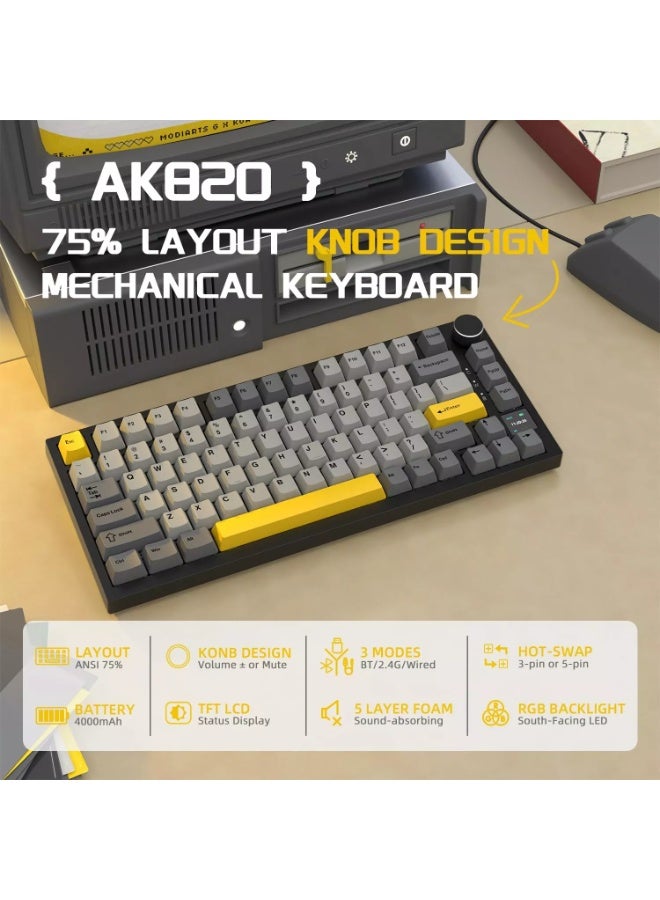 إيه جاز لوحة مفاتيح الألعاب الميكانيكية AK820 Pro 75% 3 أوضاع لاسلكية وبلوتوث وسلكية مع مقبض قابل للتبديل السريع وحشية مخصصة ولوحة مفاتيح RGB ومفتاح هدايا خطي NKRO - Image 2