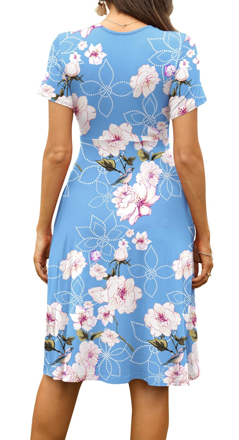 WEACZZY Women's Summer Floral Sun Dress Short Sleeve V-Neck Casual Swing Dress with Pockets,Floral Light Blue,XL - Image 4