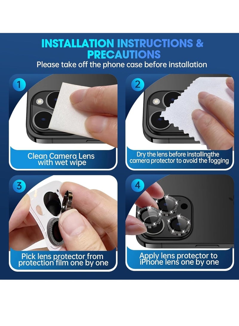 iPhone 15 Pro - iPhone 15 Pro Max Camera Lens Protector, 9H Tempered Glass Camera Cover Screen Protector Metal Individual Ring for iPhone 15 Pro 6.1 inch iPhone 15 Pro Max 6.7 inch[Glitter](Black Tita