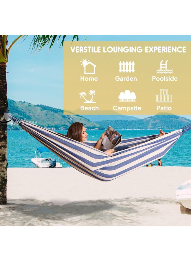 أرجوحة تخييم محمولة، أرجوحة قماشية متينة ومريحة للتعليق في الحديقة، مزودة بأحزمة تثبيت للأشجار، تتحمل وزنًا يصل إلى 200 كجم، مع حقيبة سفر، مناسبة للتخييم في الهواء الطلق، لون أزرق وأبيض - Image 4