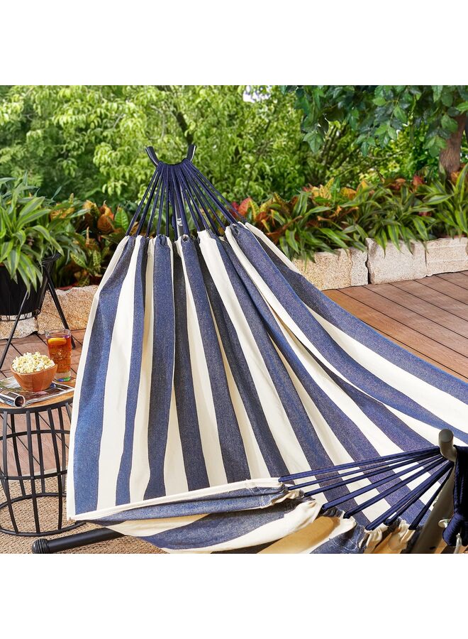 أرجوحة تخييم محمولة، أرجوحة قماشية متينة ومريحة للتعليق في الحديقة، مزودة بأحزمة تثبيت للأشجار، تتحمل وزنًا يصل إلى 200 كجم، مع حقيبة سفر، مناسبة للتخييم في الهواء الطلق، لون أزرق وأبيض - Image 5