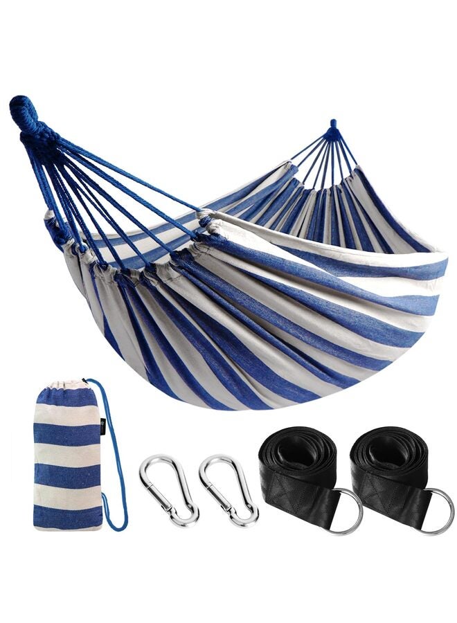 أرجوحة تخييم محمولة، أرجوحة قماشية متينة ومريحة للتعليق في الحديقة، مزودة بأحزمة تثبيت للأشجار، تتحمل وزنًا يصل إلى 200 كجم، مع حقيبة سفر، مناسبة للتخييم في الهواء الطلق، لون أزرق وأبيض - Image 1