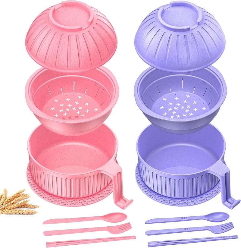 Beiyunee Ramen Bowl with Handles, 2 Set Wheat Fiber Ramen Cooker Microwave with Strainer, 34oz Noodle Bowl with Pot Mat Spoon Chopsticks Fork for Home, School, Office, Dorm, Picnic or Gift - Image 1