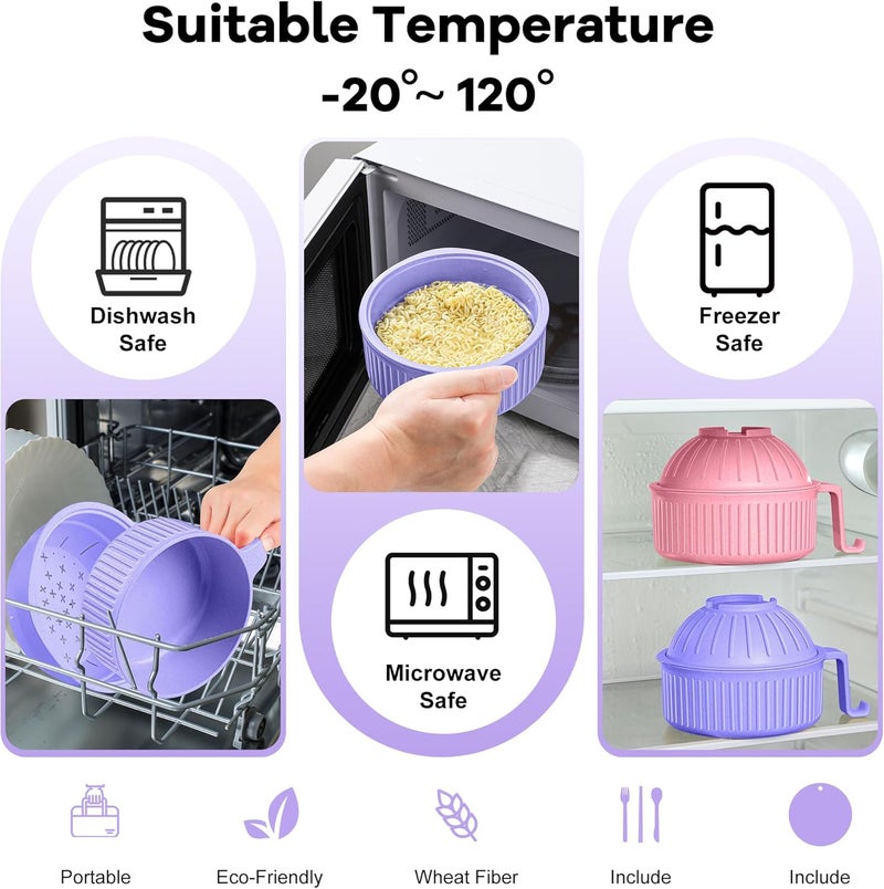 Beiyunee Ramen Bowl with Handles, 2 Set Wheat Fiber Ramen Cooker Microwave with Strainer, 34oz Noodle Bowl with Pot Mat Spoon Chopsticks Fork for Home, School, Office, Dorm, Picnic or Gift - Image 4