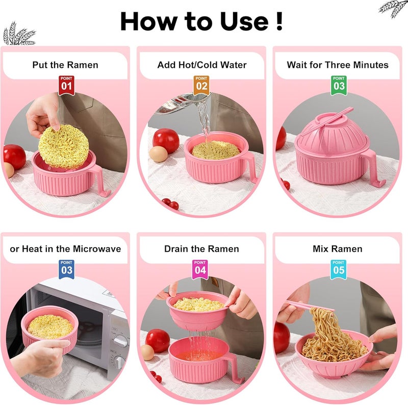 Beiyunee Ramen Bowl with Handles, 2 Set Wheat Fiber Ramen Cooker Microwave with Strainer, 34oz Noodle Bowl with Pot Mat Spoon Chopsticks Fork for Home, School, Office, Dorm, Picnic or Gift - Image 3