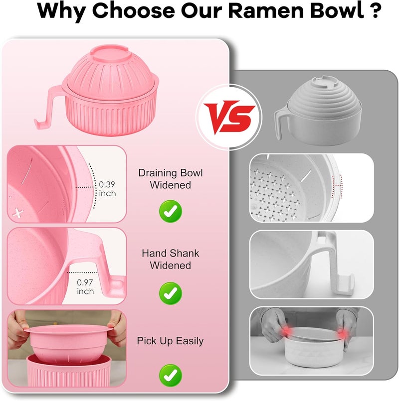 Beiyunee Ramen Bowl with Handles, 2 Set Wheat Fiber Ramen Cooker Microwave with Strainer, 34oz Noodle Bowl with Pot Mat Spoon Chopsticks Fork for Home, School, Office, Dorm, Picnic or Gift - Image 5