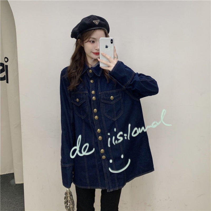 Metal Breasted Denim Shirt Womens 2022 Spring and Autumn Hong Kong Style Fashion Retro Collar Casual All-match Coat Top dark blue [high quality]]