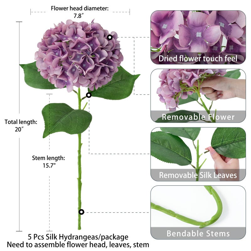 ZYTUYO 5 Pcs Light Purple Silk Hydrangeas Artificial Flower - 20" Faux Hydrangeas Boho Dried Touch for Fall Home Decor, Kitchen, Living Room, Porch Wreath, Xmas, Wedding Flower Arrangement - Image 4