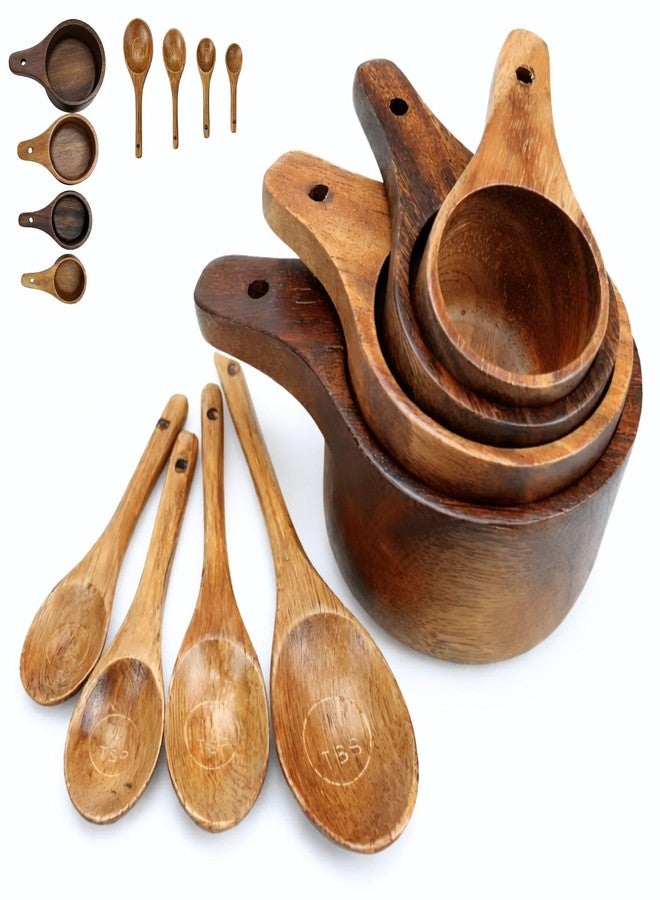 BOKKY Wooden Measuring Cups and Spoons Set - Solid Acacia Wood, Laser Engraved, Nesting Design, Kitchen Accessories for Dry Ingredients, Baking and Cooking (8-Piece Premium Acacia Set) - Image 1