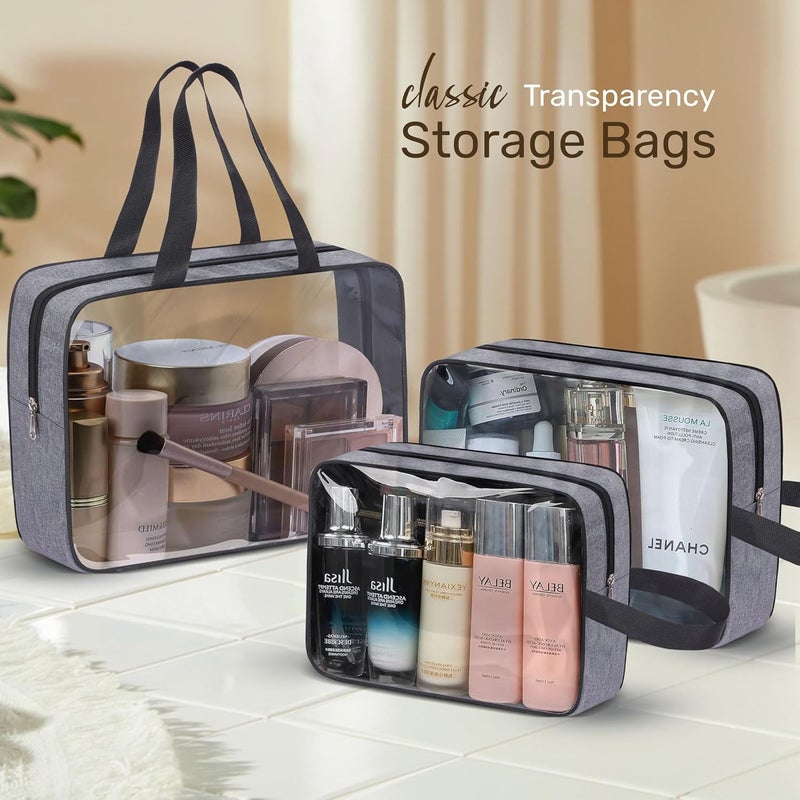 Cranique Set of 3 Multipurpose Transparent Toiletry Bag for Women  Men Travel Storage Bag Travel Pouch for Makeup Cosmetic Travel Organizer for Toiletries QTSP1_3Q Grey - Image 3