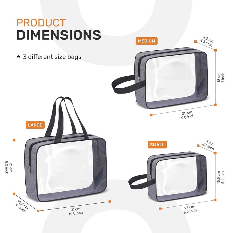 Cranique Set of 3 Multipurpose Transparent Toiletry Bag for Women  Men Travel Storage Bag Travel Pouch for Makeup Cosmetic Travel Organizer for Toiletries QTSP1_3Q Grey - Image 2