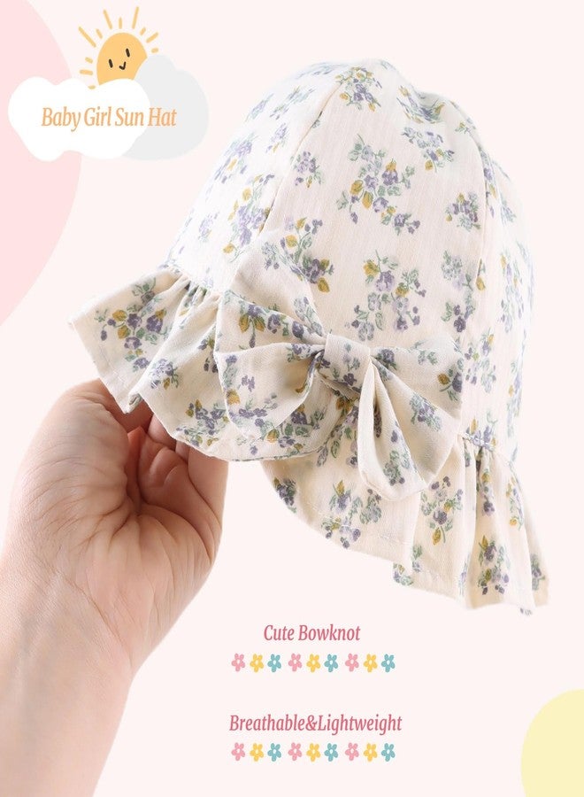 Pesaat Summer Baby Hats for Girls Cotton Infant Sun Hat Bowknot Toddler Bucket Hats 0-2 Years (L, Purple Flower) - Image 3