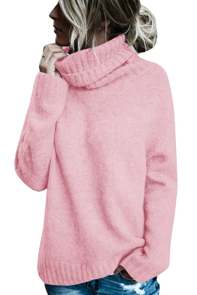 FISACE Womens Oversized Turtleneck Pullover Sweater Cable Knit Long Sleeve Sweater Tops A-Pink - Image 1