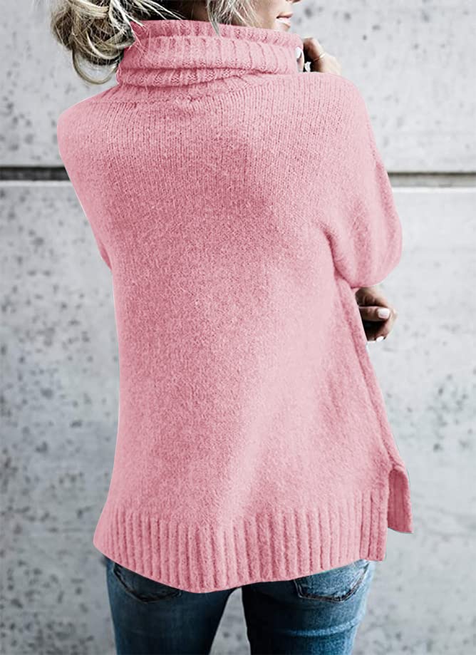 FISACE Womens Oversized Turtleneck Pullover Sweater Cable Knit Long Sleeve Sweater Tops A-Pink - Image 4