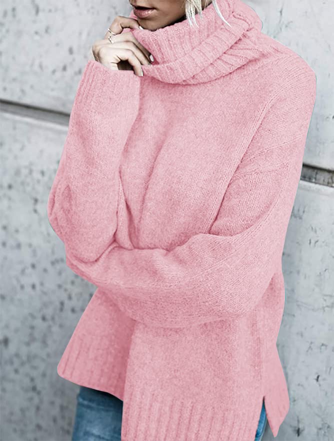 FISACE Womens Oversized Turtleneck Pullover Sweater Cable Knit Long Sleeve Sweater Tops A-Pink - Image 3