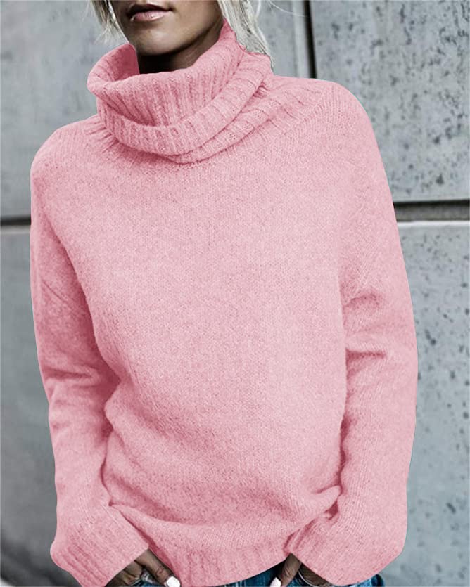 FISACE Womens Oversized Turtleneck Pullover Sweater Cable Knit Long Sleeve Sweater Tops A-Pink - Image 2