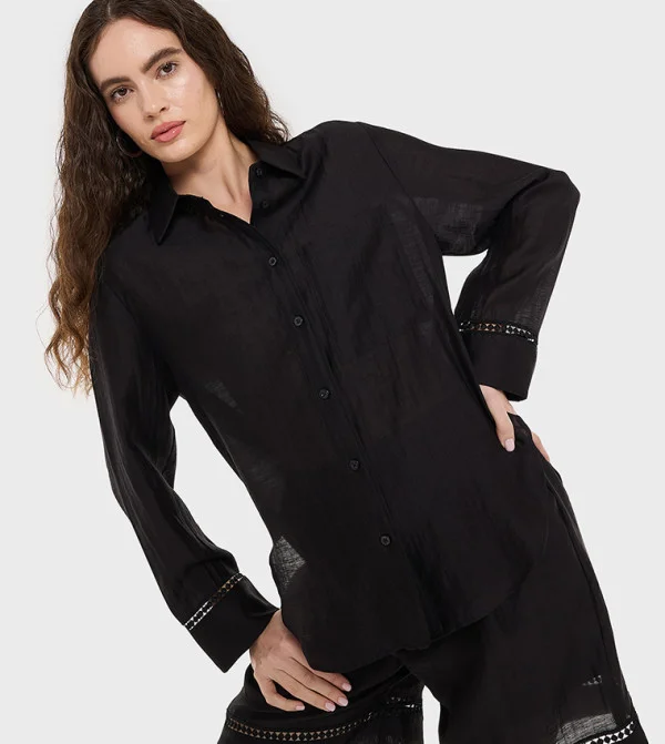 بي سي بي جي BCBG Slub Solid Front Open Shirt