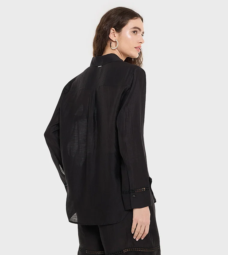 بي سي بي جي BCBG Slub Solid Front Open Shirt