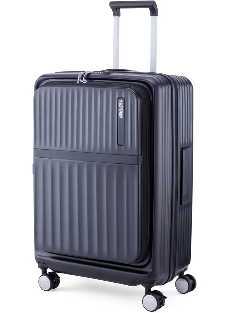 AMERICAN TOURISTER Trento + Suitcase, Check-In Size 68 cm / 25 inch, 4 Spinner Wheels, Hard Top, Polycarbonate, Black|2 In 1 Optimov™ Shock Absorbing Wheels|Book Opening|DuoSaf™ Security Zipper|Expandable|TSA Lock|Waterproof Section - 3 Years International Warranty