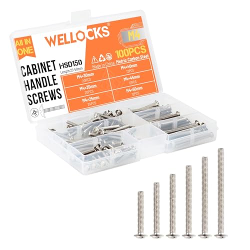 WELLOCKS Cabinet Pulls Knobs Screws M4 25-50mm 100 PCS Assortment Machine Screws Pan Washer Head Metal Phillips Screws Kit for Cabinet Drawer Cupboard Closet Handles Install(D150) - Image 1