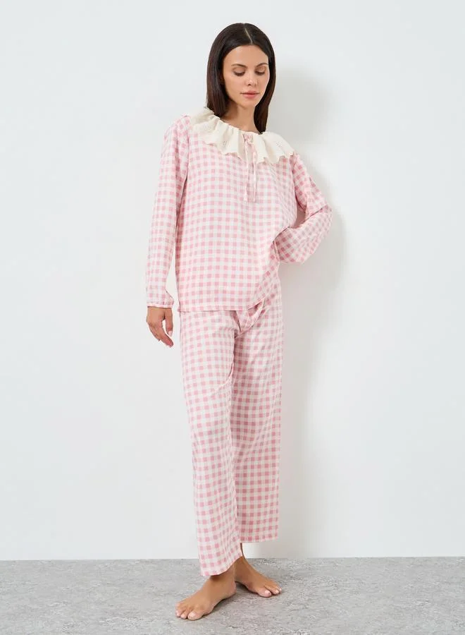 Styli Checkered Top and Straight Pyjama Set