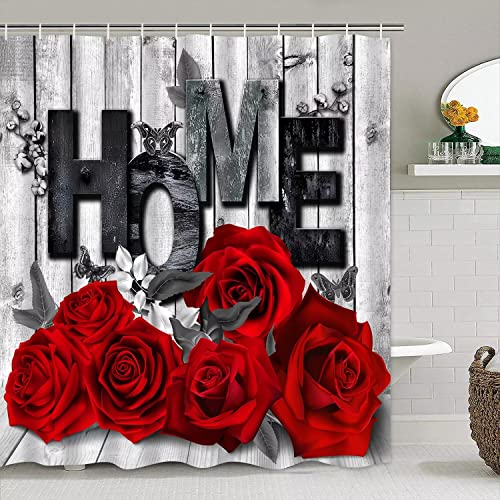 Yddsky Red Rose 4 Pcs Shower Curtain Sets Non-Slip Rugs Bath Mat Toilet Cover U Shaped Mat Black Red Shower Curtain with 12 Hooks Red Rose Bathroom Set - Image 2