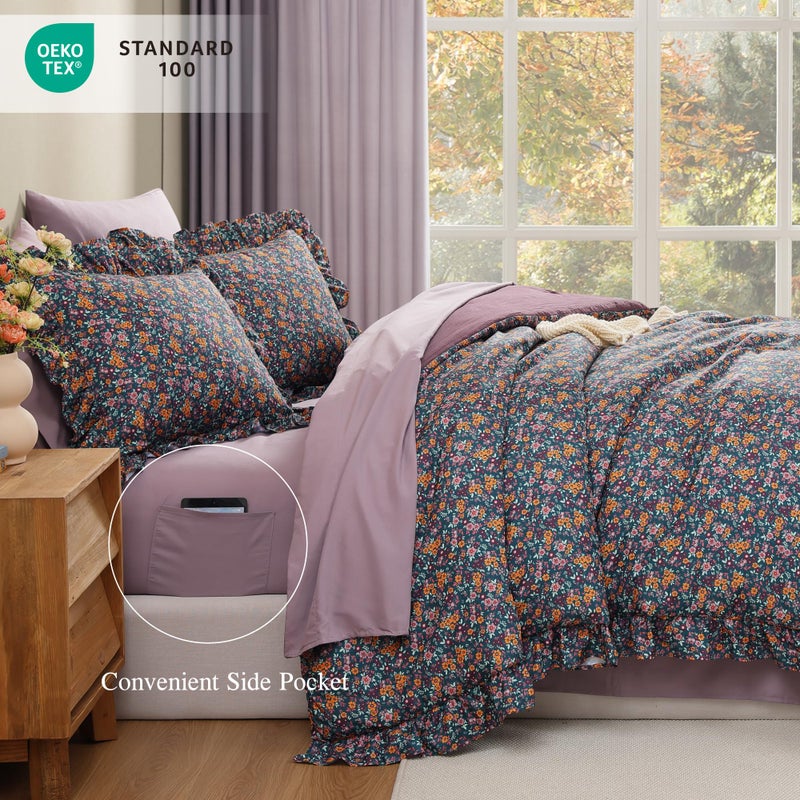 BLOOMHAVEN Queen Comforter Set - 7 Pieces Ruffle Purple Ditzy Bedding Sets, Shabby Chic Farmhouse Bed in a Bag with Ruffle Comforter, Sheets, Pillowcases & Shams - Image 3