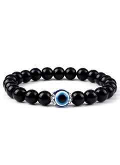 MARIO DRAFTS Black Obsidian Beaded Bracelet, Glass Eye Charm, Unisex Design  - Image 1