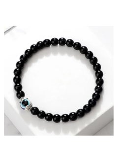 MARIO DRAFTS Black Obsidian Beaded Bracelet, Glass Eye Charm, Unisex Design  - Image 2