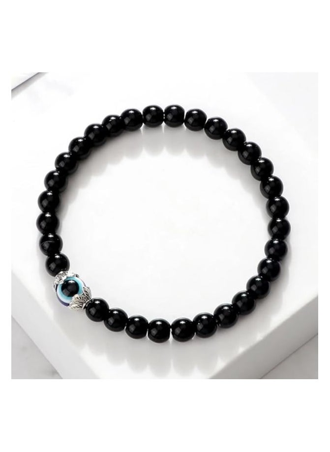 MARIO DRAFTS Black Obsidian Beaded Bracelet, Glass Eye Charm, Unisex Design  - Image 2