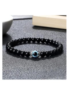MARIO DRAFTS Black Obsidian Beaded Bracelet, Glass Eye Charm, Unisex Design  - Image 3