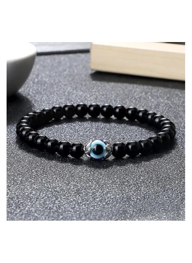 MARIO DRAFTS Black Obsidian Beaded Bracelet, Glass Eye Charm, Unisex Design  - Image 3