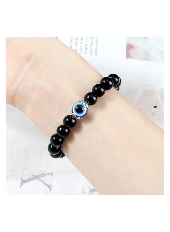 MARIO DRAFTS Black Obsidian Beaded Bracelet, Glass Eye Charm, Unisex Design  - Image 4