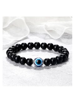 MARIO DRAFTS Black Obsidian Beaded Bracelet, Glass Eye Charm, Unisex Design  - Image 5
