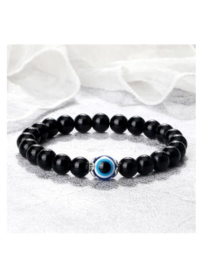 MARIO DRAFTS Black Obsidian Beaded Bracelet, Glass Eye Charm, Unisex Design  - Image 5