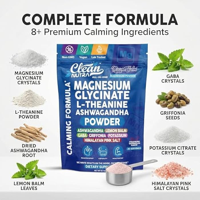 Clean Nutraceuticals Magnesium Glycinate Powder Supplement + L Theanine Ashwagandha Glycine Apigenin Lemon Balm GABA 5HTP Pink Salt Potassium L Tryptophan Calcium | Powdered Sleep Aid Calm Trace Minerals Vitamin - Image 4