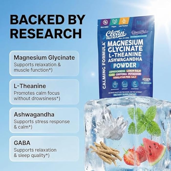 Clean Nutraceuticals Magnesium Glycinate Powder Supplement + L Theanine Ashwagandha Glycine Apigenin Lemon Balm GABA 5HTP Pink Salt Potassium L Tryptophan Calcium | Powdered Sleep Aid Calm Trace Minerals Vitamin - Image 3