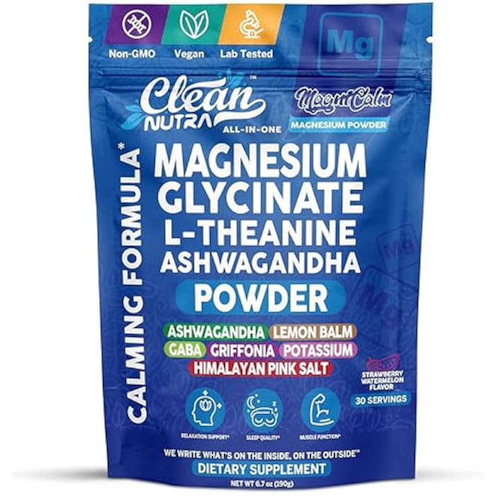Clean Nutraceuticals Magnesium Glycinate Powder Supplement + L Theanine Ashwagandha Glycine Apigenin Lemon Balm GABA 5HTP Pink Salt Potassium L Tryptophan Calcium | Powdered Sleep Aid Calm Trace Minerals Vitamin - Image 1