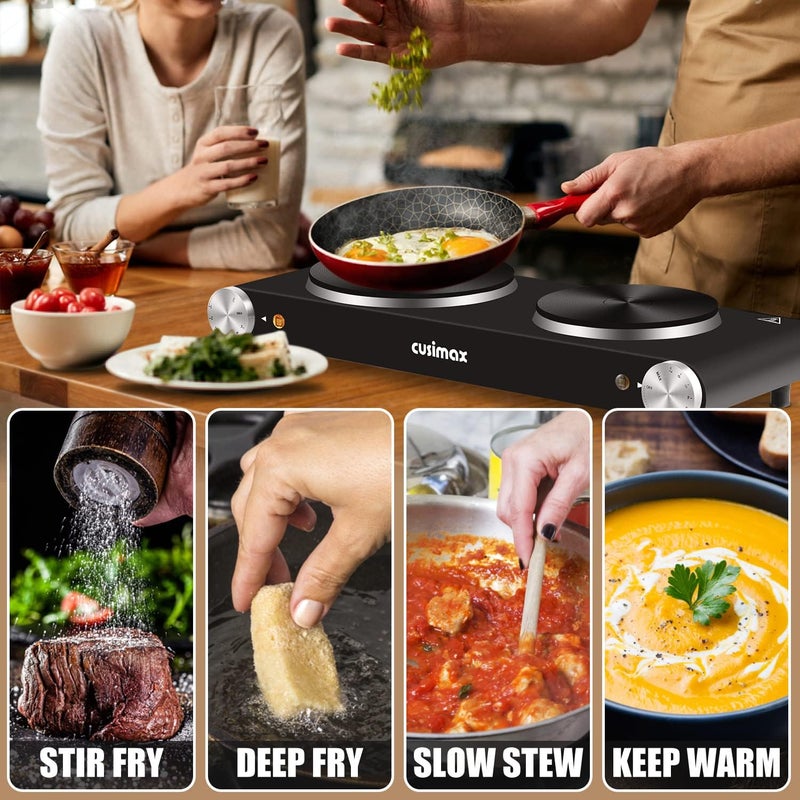 CUSIMAX Electric Stove 1500W+1000W Hot Plate, Double Cast Iron Plates for Cooking, Adjustable Thermostat - Image 4