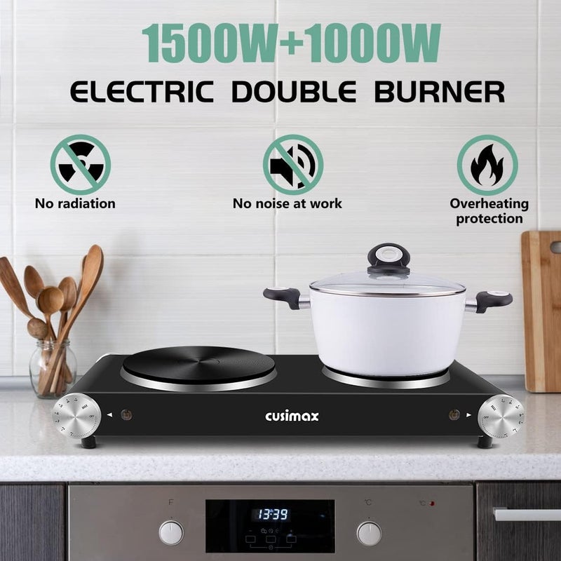 CUSIMAX Electric Stove 1500W+1000W Hot Plate, Double Cast Iron Plates for Cooking, Adjustable Thermostat - Image 3