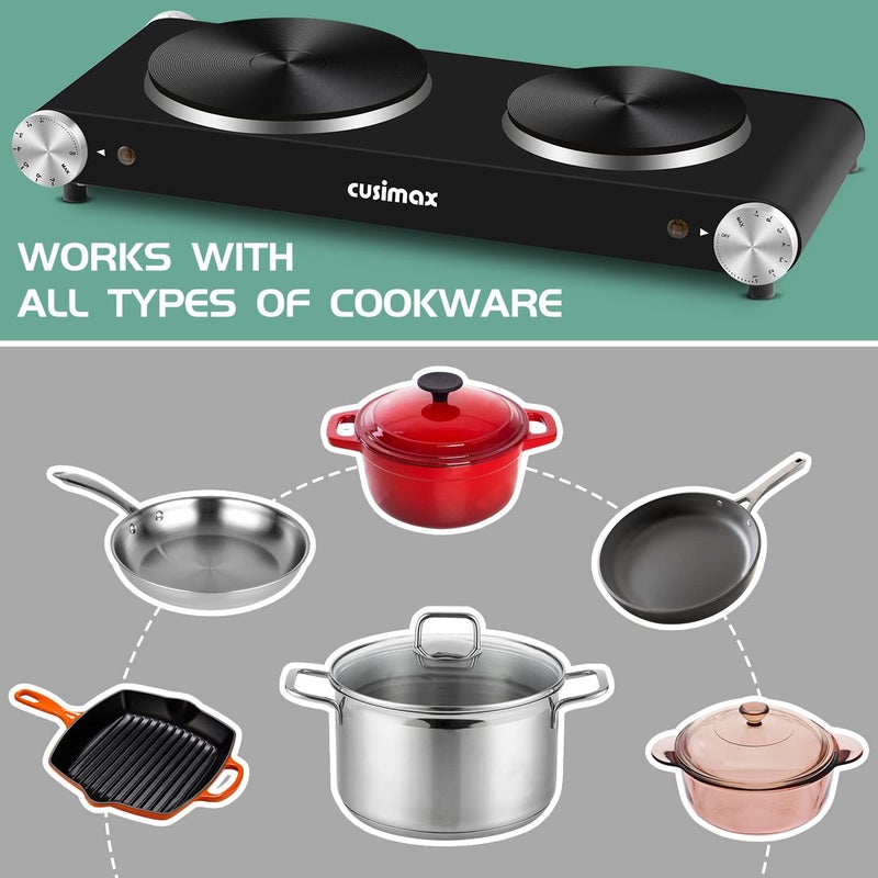 CUSIMAX Electric Stove 1500W+1000W Hot Plate, Double Cast Iron Plates for Cooking, Adjustable Thermostat - Image 2