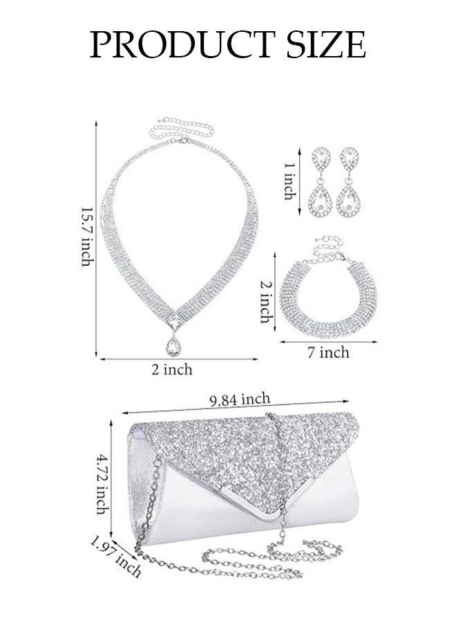 DUNISO 4 Piece Clutch Bag Rhinestone Jewelry Set, Sparkling Evening Bag Envelope Wallet Earrings Necklace Bracelet for Women Dinner Party Date Wedding, Silver  - Image 2