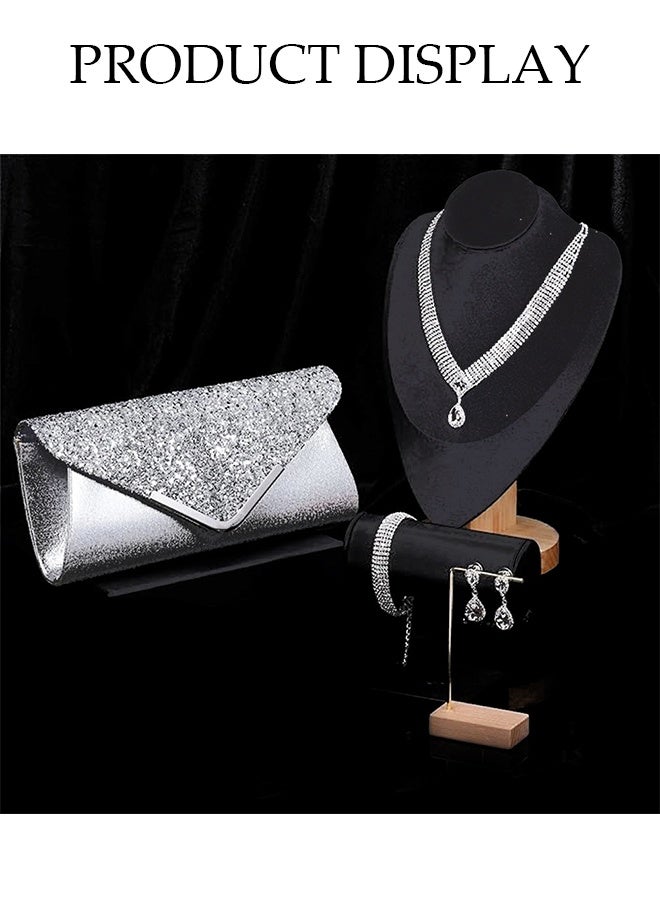 DUNISO 4 Piece Clutch Bag Rhinestone Jewelry Set, Sparkling Evening Bag Envelope Wallet Earrings Necklace Bracelet for Women Dinner Party Date Wedding, Silver  - Image 3