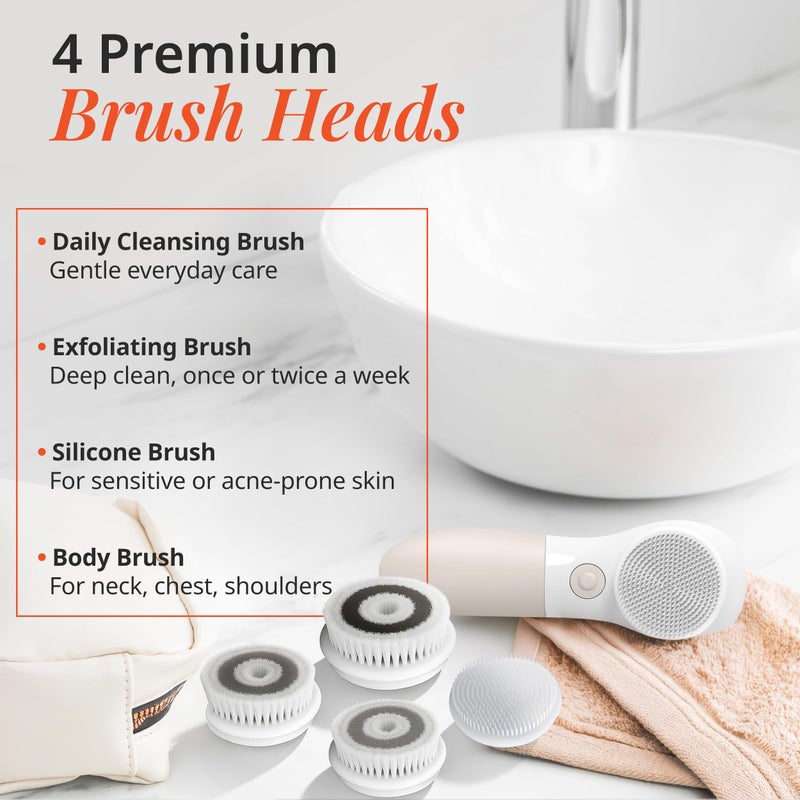 Vanity Planet Raedia Handheld Facial Cleansing Brush with 4 Interchangeable Brush Heads by Vanity Planet - Lightweight Daily Cleansing Brush for Glowing Skin - Water Resistant Face Exfoliator - Warm Grey - Image 4