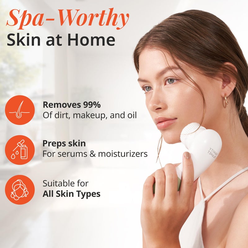 Vanity Planet Raedia Handheld Facial Cleansing Brush with 4 Interchangeable Brush Heads by Vanity Planet - Lightweight Daily Cleansing Brush for Glowing Skin - Water Resistant Face Exfoliator - Warm Grey - Image 2