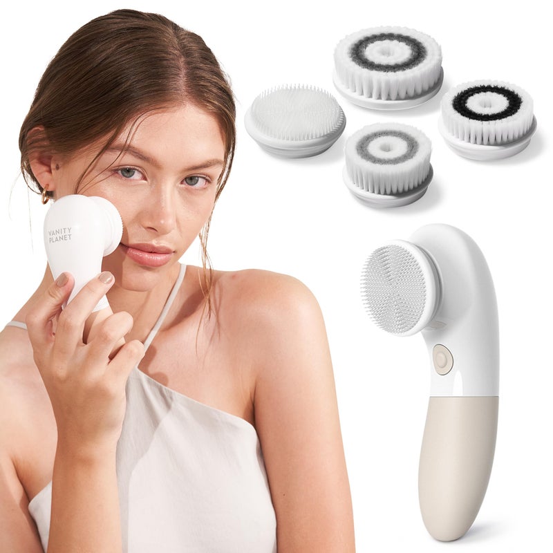 Vanity Planet Raedia Handheld Facial Cleansing Brush with 4 Interchangeable Brush Heads by Vanity Planet - Lightweight Daily Cleansing Brush for Glowing Skin - Water Resistant Face Exfoliator - Warm Grey - Image 1